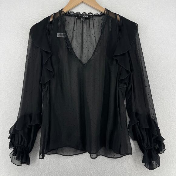 INTERMIX Top S Silk Chiffon Sheer Swiss Dot V-Neck Ruffle Long Sleeve Black - Picture 1 of 11